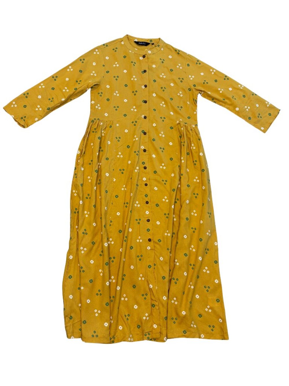 IMARA Bandhani Maxi Dress Mustard Yellow Button Front Size S